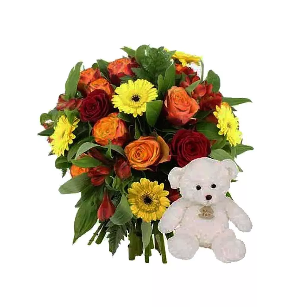 Dazzling Mixed Flowers Bouquet with Cute Teddy