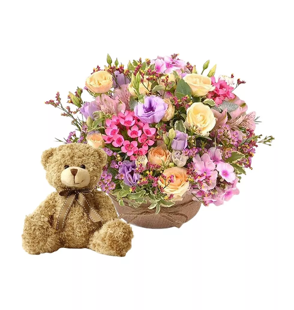 Pastel Floral Delights and Teddy Bear