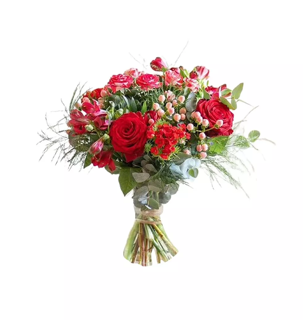 Vibrant Red Rose & Eucalyptus