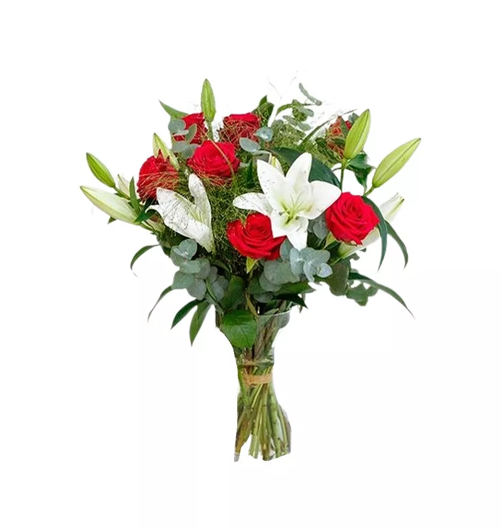 Red & White Rose Lily Bouquet